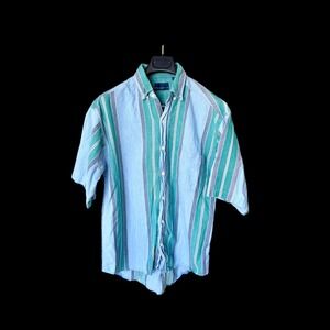 Vintage 90's Blueprint Blue Striped Cotton Short Sleeve Button Down Shirt Size M